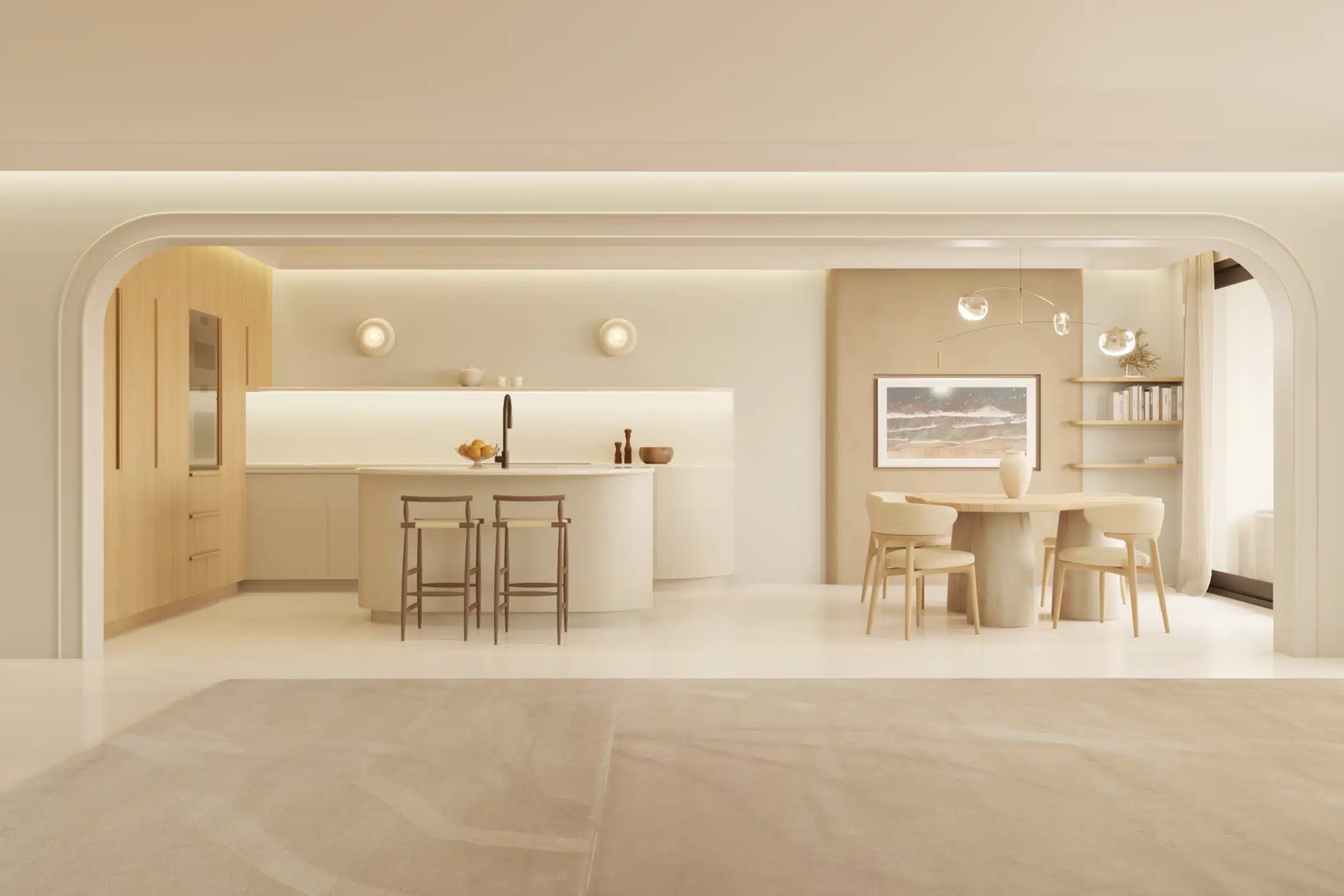Projet floralies, Monaco, design d'intérieur et rendu 3D, espace cuisine et salle a manger