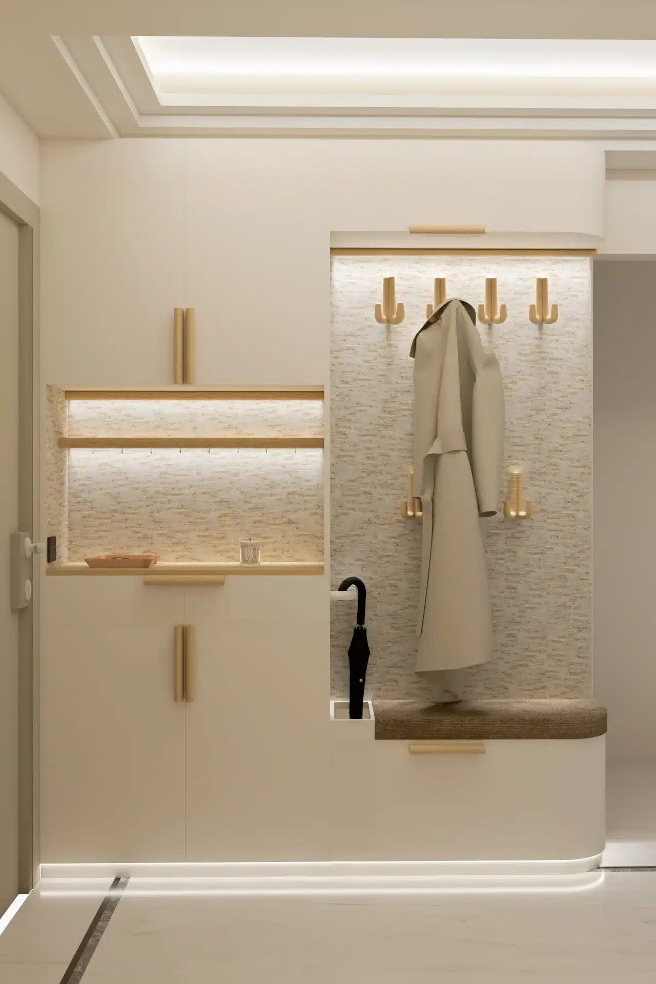 Décoration d'intérieur, design de mobilier, menuiserie d'un meuble d'entrée avec rangement et banquette sur-mesure, Monaco