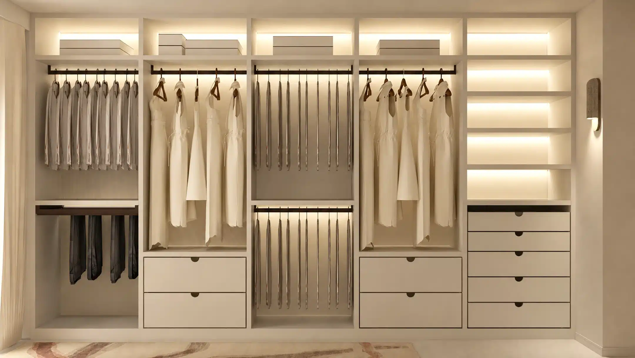 Projet floralies, Monaco, design d'intérieur et rendu 3D, espace dressing option 2, vue 1, dressing ouvert