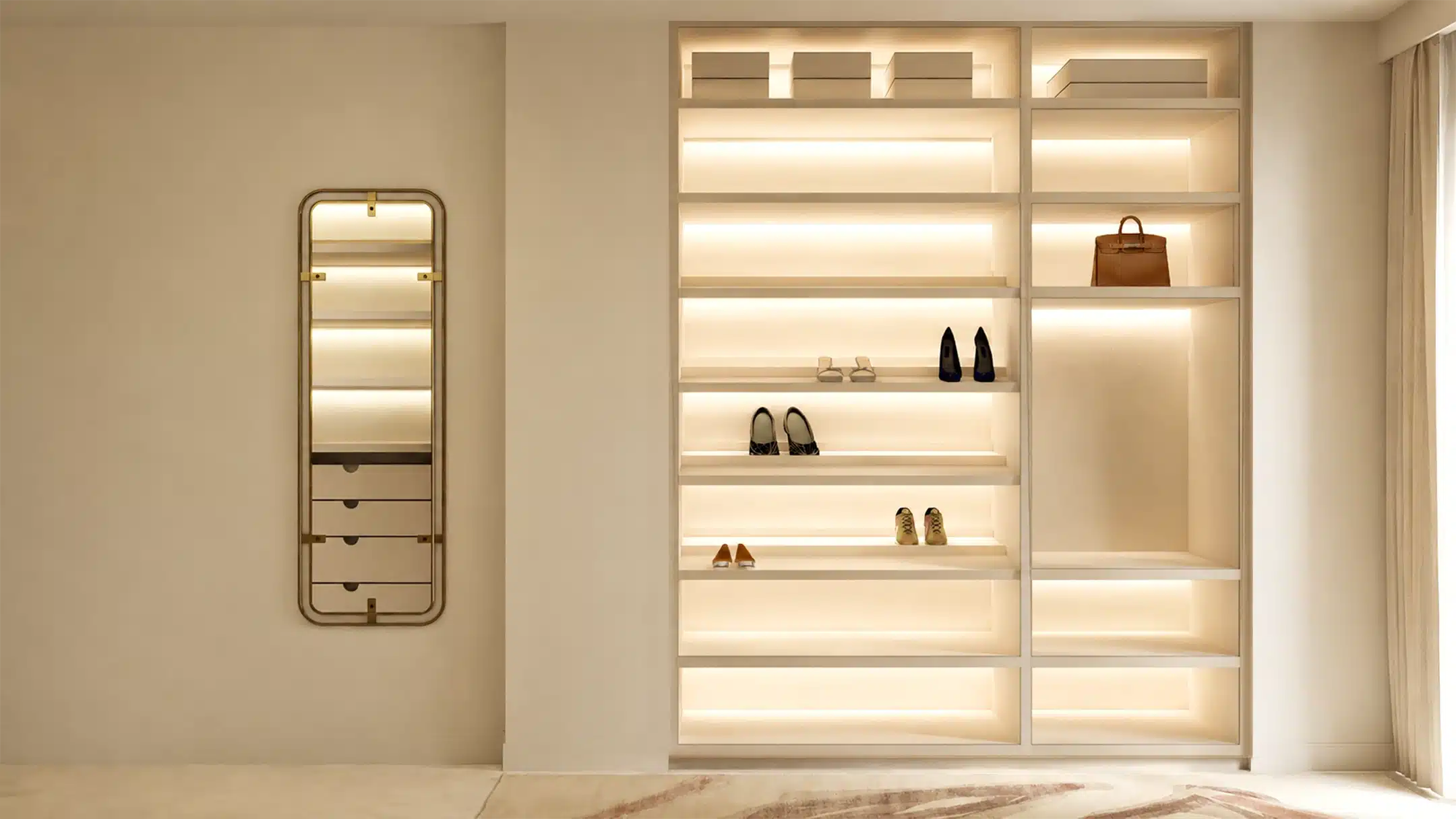 Projet floralies, Monaco, design d'intérieur et rendu 3D, espace dressing option 2, vue 2, dressing ouvert
