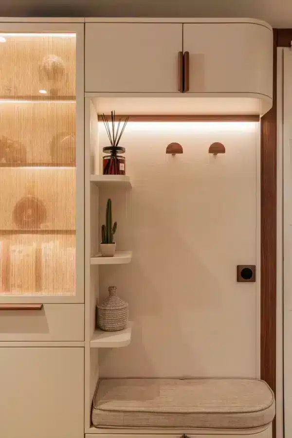 Projet KA, design d'intérieur, roquebrune-cap-martin, espace entrée, zoom sur la banquette